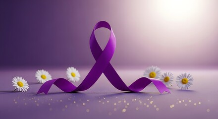 Fototapeta premium Purple ribbon with white flowers on a purple background for cancer awareness and support