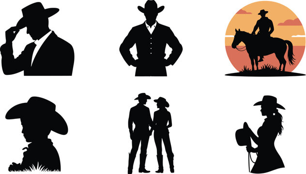 Set of wild west cowboy and cowgirl silhouettes in various poses and situations wearing hats vector