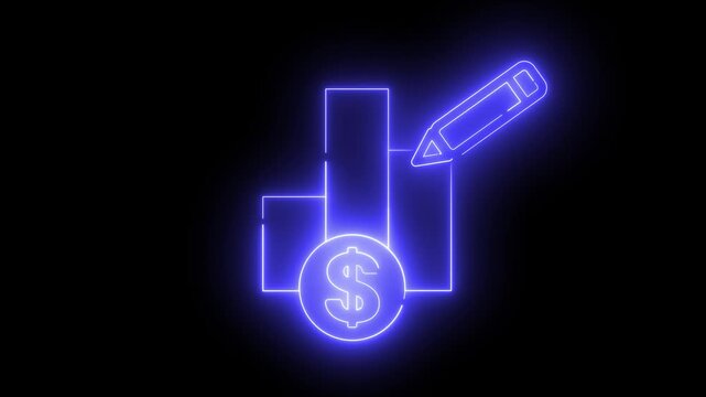 Animation with neon light effect of the money graph icon and a pencil