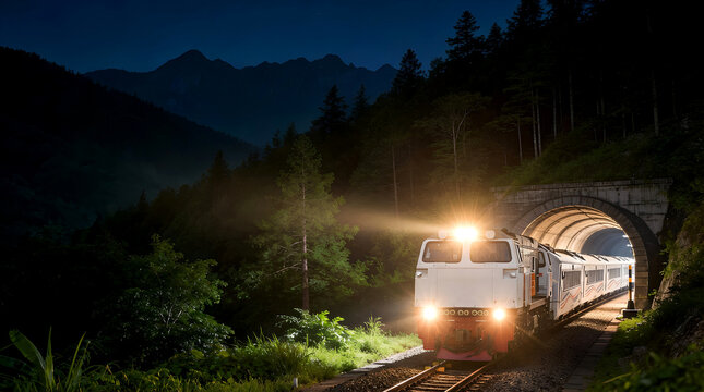 Atmospheric Night Shot of Kereta Api Indonesia Train with Shining Headlights in the Middle of Dark Forest and Mountains, CC206 Locomotive Transportation in Indonesia
