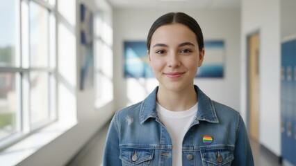 Smiling Teenage Girl in School Hallway with Pride Pin Supporting LGBTQ+ Community