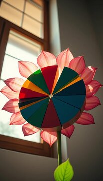Cinematic pie chart blossoms, its segments unfurling like time-worn petals, low angle,  conceptual,  retro
