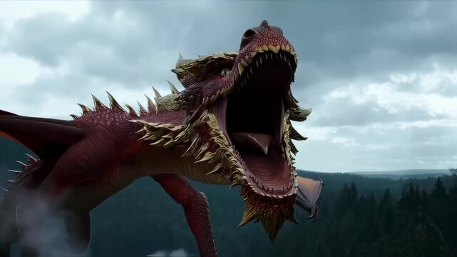 A red dragon roars, smoke billowing from a rock edge