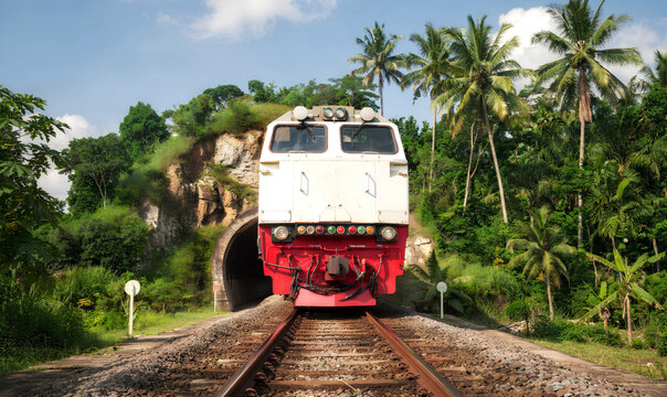 Indonesian Train Locomotive CC206 Passing Through a Tunnel in Rural Landscape, Kereta Api Indonesia Passenger Train During the Day with Tropical Green Trees and Blue Sky Background.