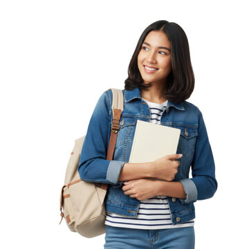 Smiling young Southeast Asian female university student with book, png cutout isolated on transparent background