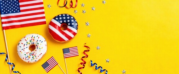 Fototapeta premium Patriotic American Donuts Celebrating National Festivities with Flags