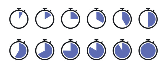Blue flat stopwatch icon collection indicating time phases and project status