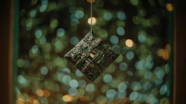 A silver Christmas ornament hangs in front of a brightly lit tree with blurred lights