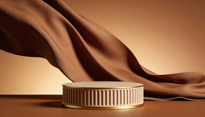 A luxurious gold and white product display with brown fabric