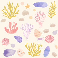 ベージュの背景に淡いカラーの珊瑚、貝、岩など海のモチーフ。落書きのゆるい雰囲気のシームレスパターン