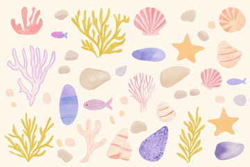 手描きのラフな落書き風の珊瑚や貝殻、魚など海のモチーフのイラスト