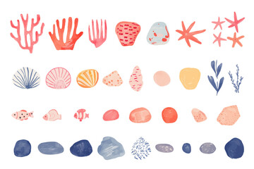 ゆるい手描きの珊瑚・岩・魚・ヒトデなどの海のモチーフ。レッドオレンジと青の配色のイラストセット