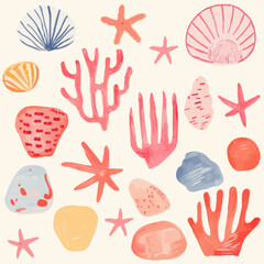 明るいオレンジ色と爽やかなブルーの配色がおしゃれな珊瑚や貝殻、海のモチーフの落書きのシームレスパターン