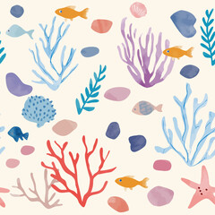 水彩で描いた落書き風海のモチーフのシームレス背景素材