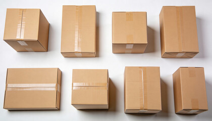 A collection of cardboard boxes on a white surface for shipping or storage