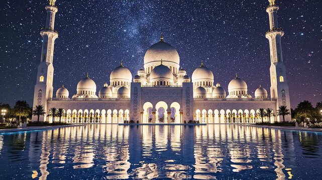 A stunning mosque with domes and minarets reflected in a serene water pool at night, under a starry sky