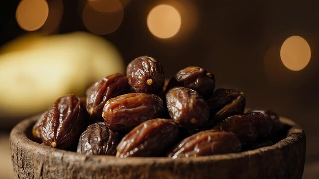 A wooden bowl filled with dates on a table with bokeh lights in the background, possibly for a food or recipe advertisement