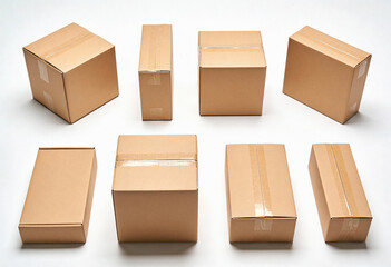 A collection of various cardboard boxes on a white background