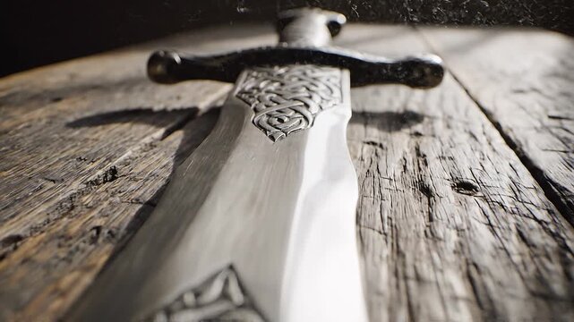 Ancient Celtic sword with intricate designs on blade lies on rustic wooden table in dimly lit medieval setting