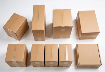 A collection of cardboard boxes on a white background for shipping and storage