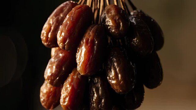 Close-up of a bunch of dates hanging, with a dark background transitioning to warm light, possibly for a food or nutrition-related use