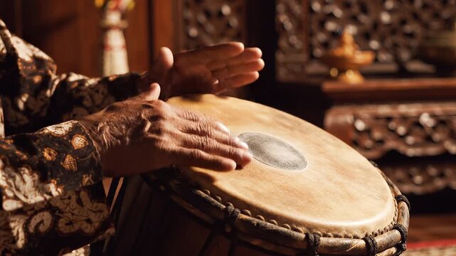 Close-up of hands playing a traditional Indian drum in a decorative room with intricate carvings