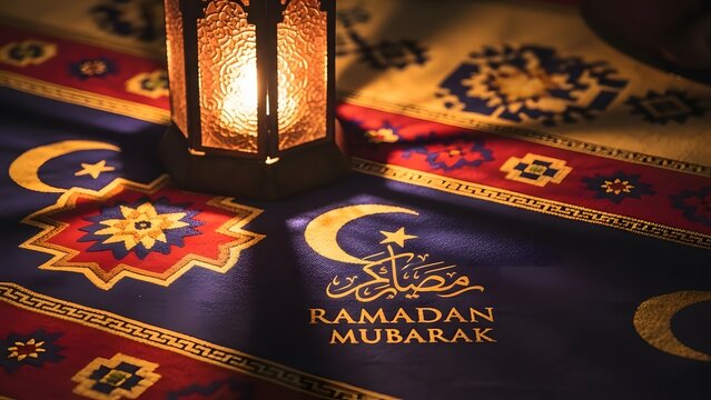 Golden Ramadan Mubarak Text with Ornate Lantern and Arabic Pattern for Festive Greeting