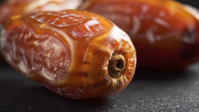 Close-up of ripe dates on a dark surface, with blurred background, showcasing texture and detail for food-related use