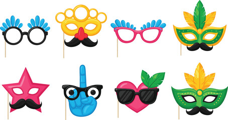 Set of Colorful Masquerade Masks and Fun Photo Booth Props Featuring Mustaches Glasses and Heart Shapes for Carnival Party and Festive Celebration Decorations. © MstRozinaAkter