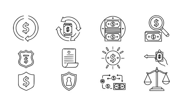Anti-corruption and illegal money flow line icons set of 9 vector symbols