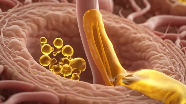 3D animation of skin cells releasing golden oil, illustrating cellular secretion or cosmetic ingredient action.