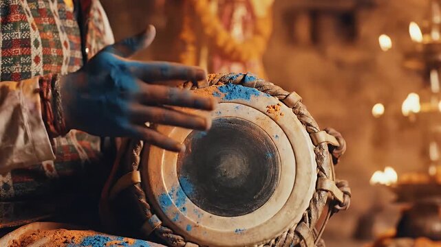 Nepal Ritual Madal Drum Playing Hands with Blue and Orange Powder