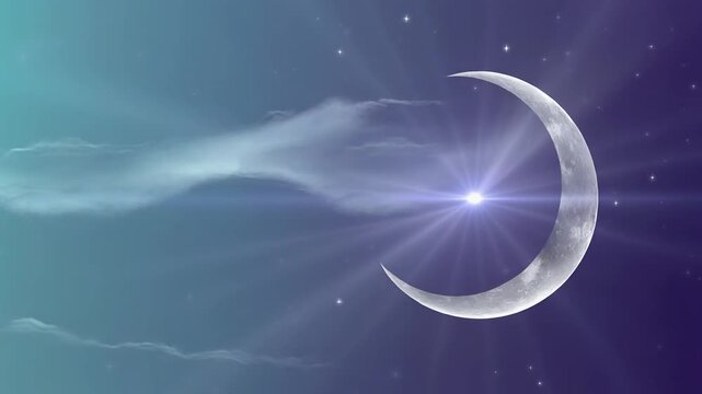 Crescent Moon Shining Brightly in a Night Sky with Clouds and Stars