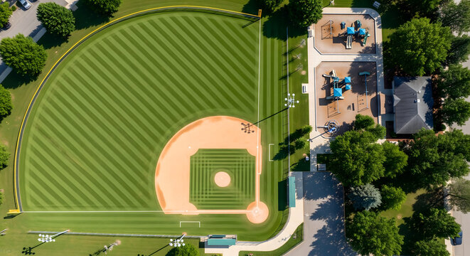 Aerial Top View of Empty Baseball Field with Circular Grass Pattern