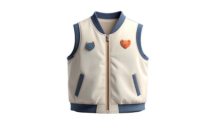 White sleeveless jacket with heart patches.