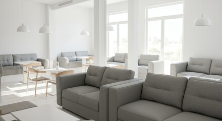 Modern interior design with gray sofas and natural light