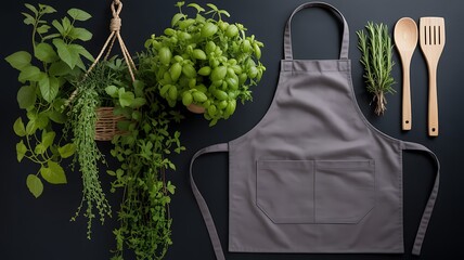 Cooking apron with fresh herbs and vegetables on dark background kitchen preparation concept for healthy food
