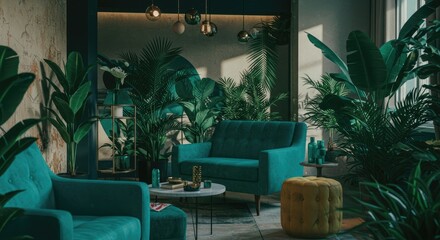 Modern living room interior design with lush greenery and teal furnishings