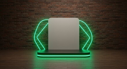 Modern stage with green neon lights and blank display against brick wall