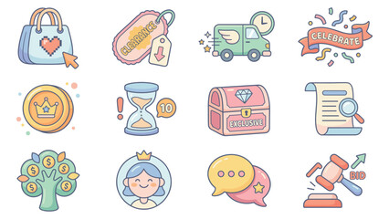 Fototapeta premium Cartoon marketplace icons set featuring purse, truck, coin, safe, speech bubble, gavel, certificate, flowers, hourglass, face, tag, barcode