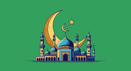A vibrant illustration of a mosque with a crescent moon and star against a bright green background, symbolizing Islamic culture and religious themes.