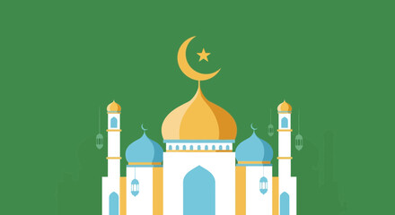A vibrant illustration of a mosque with a golden dome and crescent moon, set against a green background with hanging lanterns.