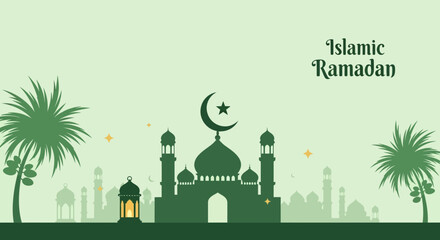 A serene Islamic Ramadan illustration featuring a mosque with a crescent moon and star, palm trees, and a distant cityscape under a pale green sky.