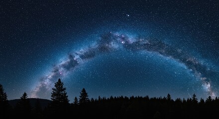Night sky milky way galaxy panoramic view above trees silhouettes
