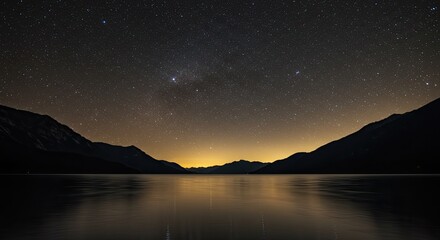 Night sky over still water with mountains silhouetted against stars