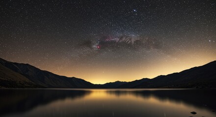 Night sky above a calm lake with reflecting stars and mountain silhouette