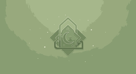 A stylized Islamic geometric emblem featuring a crescent moon and star against a muted green background.
