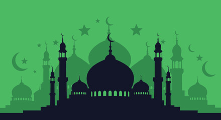 Silhouette of a mosque with minarets and domes against a green background with stars and crescent moons.