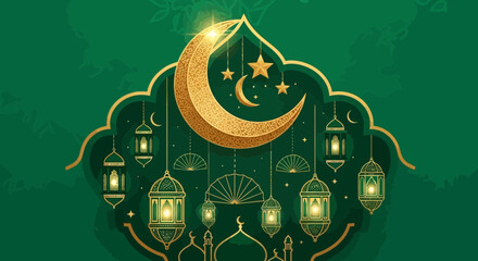 A beautiful Islamic crescent moon and lantern illustration with mosque silhouette, symbolizing Ramadan and Eid celebrations.