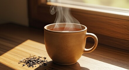 Steaming cup of tea on a wooden surface near a window